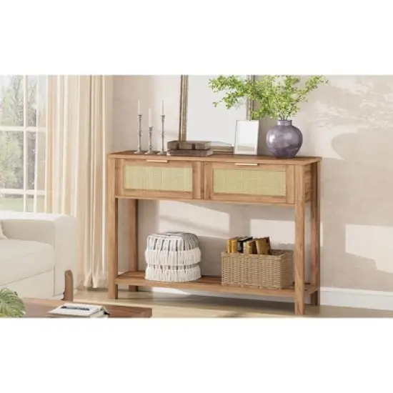 Entryway Table with Drawers, Rattan Console Table with Storage, Boho 2-Tier Sofa Table for Living Room and Hallway image {9}