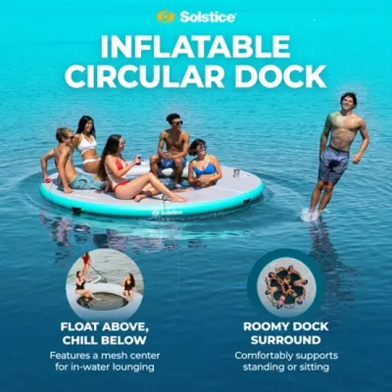 Solstice 10 Foot Inflatable 7 to 10 Person Circular Mesh Dock Floating Island Platform w/ Removeable Center, Cup Holders, Handles, Carry Bag, and Pump image {1}