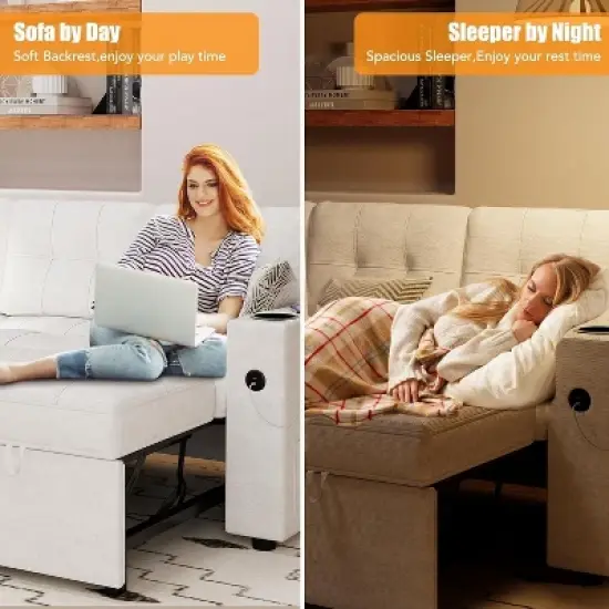 84" L-Shaped Sleeper Sofa Bed with Pull-Out Mattress, Storage Armrests, Cup Holders & USB Ports, Sectional Couch for Living Room image {6}