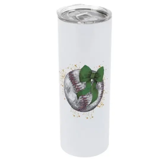 Elanze Designs 20 Ounce Stainless Steel On the Go Travel Tumbler With Push Top Lid, Baseball With Green Bow image {1}