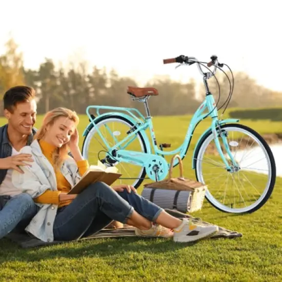 NAYSAYE Bicycle 7 Speed Steel Frame 24 Inch Ladies Bike for Commuting and Leisure for Urban Rides, Blue and Green, 62.2"*23.62"*40.16" image {1}