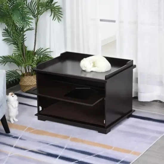 PawHut Wooden Cat Litter Box Covered Mess Free End Table Hideaway Storage Cabinet, Brown image {1}
