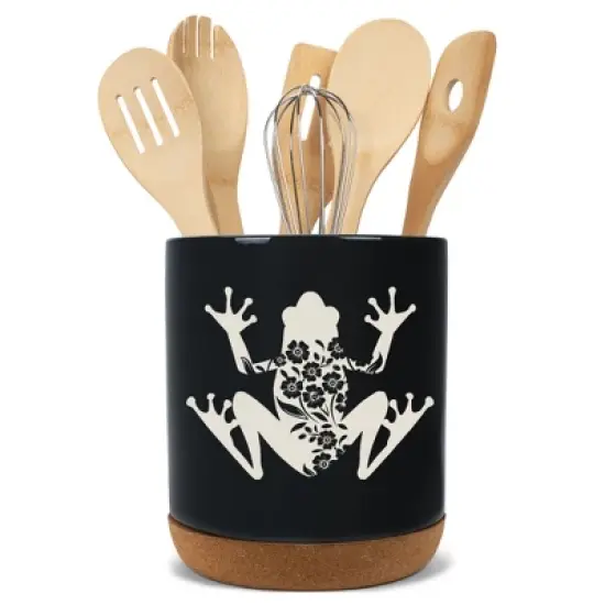 Elanze Designs Floral Frog Flowers Arrangement Toad Ceramic Cork Bottom Black Large Capacity Utensil Holder Crock for Countertop Storage, Stylish & image {4}