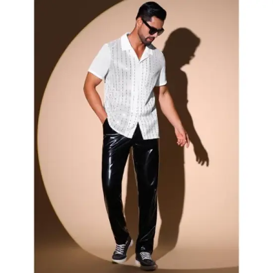 INSPIRE CHIC Men's Camp Collar Patchwork Short Sleeved Club Sequin Sheer Shirts image {3}
