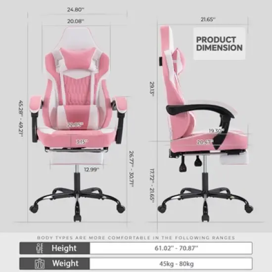 APRILSOUL High Back Gaming Chairs PVC Leather, Ergonomic Gamer Chair with Footrest, Adjustable Headrest, Lumbar Support, Pink image {6}