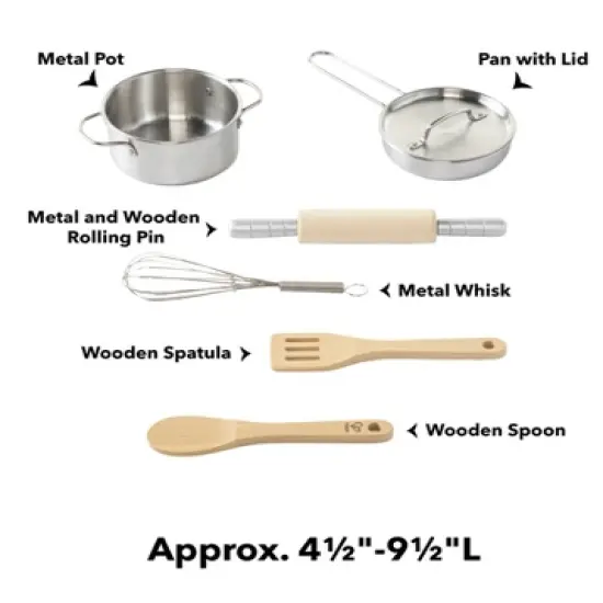 HearthSong Jr. Chef's 7-Piece Metal and Wood Kitchen Cooking Set for Kids' Pretend Play or Real Cooking image {2}