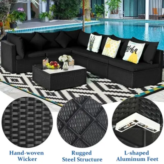 Costway 7PCS Patio Rattan Sofa Set Sectional Conversation Furniture Set Garden Black image {4}