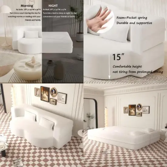 78" Convertible 2 Seater Sofa Bed Couch Twin Bed Sleeper Sofa With 2 Pillows Teddy Fabric Foam-Filled Floor Sofa Couch-Cuddlewood image {6}