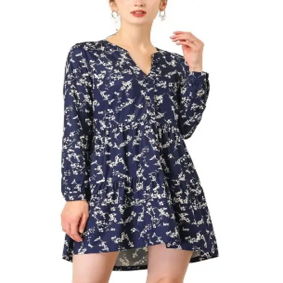 Allegra K Women's Spring Floral Long Sleeves V Neck Casual Babydoll Tiered Dress image {8}