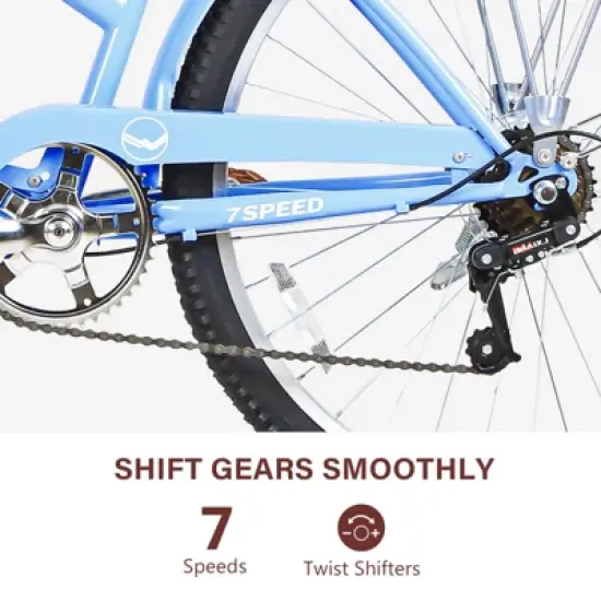 hykolity 26 inch Cruiser Bike Beach Bicycle City Bike Commuter Cycling 7 Speed for Adult Women Front Basket Rear Rack Aquamarine image {3}