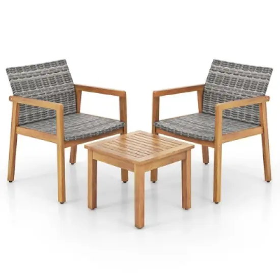 Costway 3 PCS Outdoor Furniture Set, Acacia Wood Frame Sofa Set with Rattan Seat image {8}