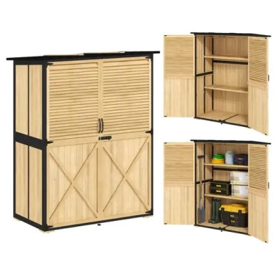 Outsunny Outdoor Storage Shed, Wooden Garden Storage Cabinet with Waterproof Asphalt Roof, 2 Shelves, Lockable Doors and Adjustable Feet image {7}