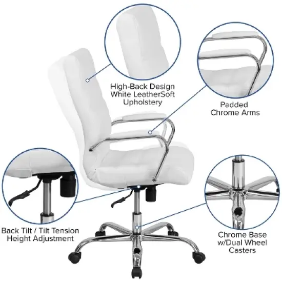 Flash Furniture High Back White LeatherSoft Executive Swivel Office Chair with Chrome Frame and Arms image {2}