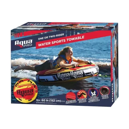 AquaPro 60 Inch Heavy Duty Double Stitched Nylon Deck Style Water Towable Single Person Rider Tube with Quick Rope Connection, Yellow and Red image {4}