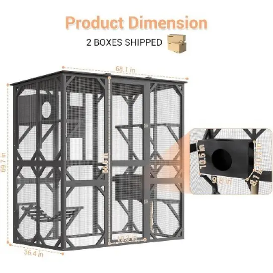 68'' Wooden Catio - 4-Tier Outdoor Cat Enclosure w/ 2 Doors, Scratching Post & UV Protection for Multiple Cats image {2}