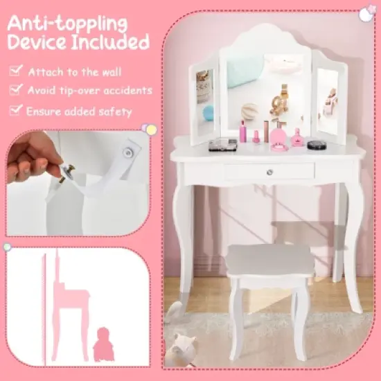 Costway Kid Vanity Table Set with Tri-folding Mirror 2-in-1 Makeup Dressing Table Stool Set image {8}