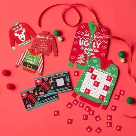 Big Dot of Happiness Ugly Sweater - Bar Bingo Cards and Markers - Holiday and Christmas Party Shaped Bingo Game - Set of 18 image {1}