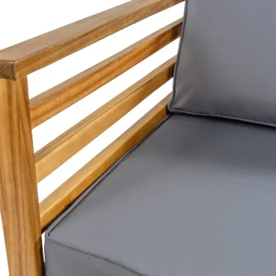 Thom 4-Piece Mid-Century Modern Acacia Wood Outdoor Patio Set with Cushions and Plaid Decorative Pillows - JONATHAN Y image {5}