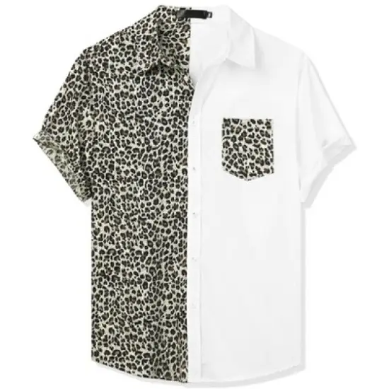 Lars Amadeus Men's Short Sleeve Button Down Shirt Summer Cotton Patchwork Collared Shirt image {7}