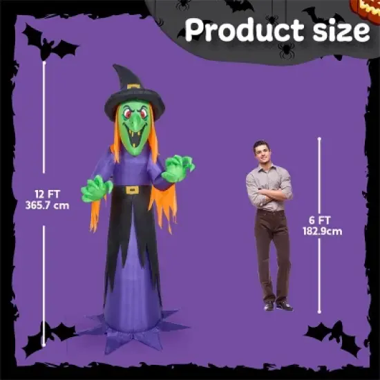 Joyfy 12 FT Tall Halloween Inflatable Witch with Built-in LED for Outdoor Decoration, Halloween Indoor Yard, Garden, Lawn Holiday Party Decoration image {7}