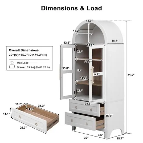 Gulches Modern Farmhouse Arched Kitchen Pantry Cabinet - 2 Large Drawers, Adjustable Shelves, Glass Door, Wood, White, 30"W x15.75"D x71"H image {3}