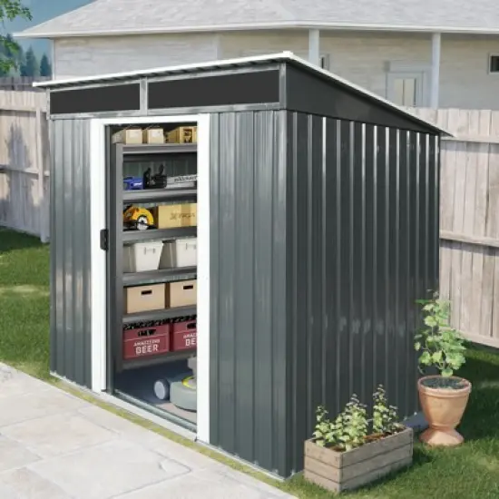 6' x 5' Outdoor Storage Shed, Garden Tool Metal Shed, Sliding Lockable Door Air Vents and Sloping Roof, for Backyard, Patio, Lawn image {1}