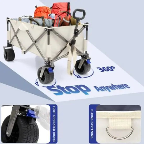 FATMOON Collapsible Utility Wagon Cart,with 6.8 All-Terrain Wheels & Adjustable Handle&ndash;390LB Capacity for Beach,Camping,Shopping,Outdoor,Off-White image {7}