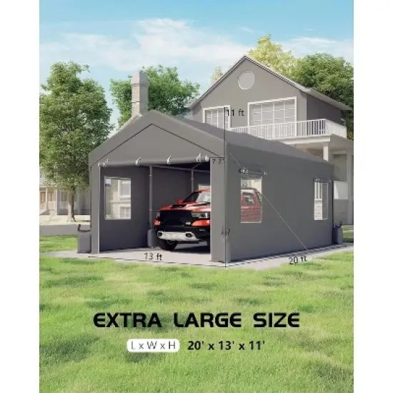 13'x20' upgraded carport with 200g tarp for all-weather; heavy-duty reinforced steel frame, perfect for full-size pickup trucks. Silver gray. image {5}