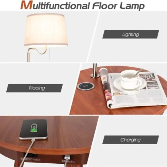 Costway End Table Lamp Bedside Nightstand Lighting with Wireless Charger Natural\Coffee image {4}