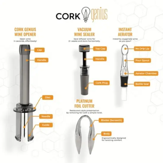 Cork Genius Wine Opener Set 4 Piece Set Wine Accessories Air Pump Bottle Opener,Bottle-Top Aerator,Wine Foil Cutter Vacuum Seal Wine Stopper image {3}