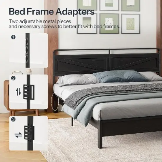 Metal & Wooden Panel Headboard, King Headboard, Minimalist Head Board with Metal Frame, Height Adjustable, with Bed Frame Adapter, Black image {4}