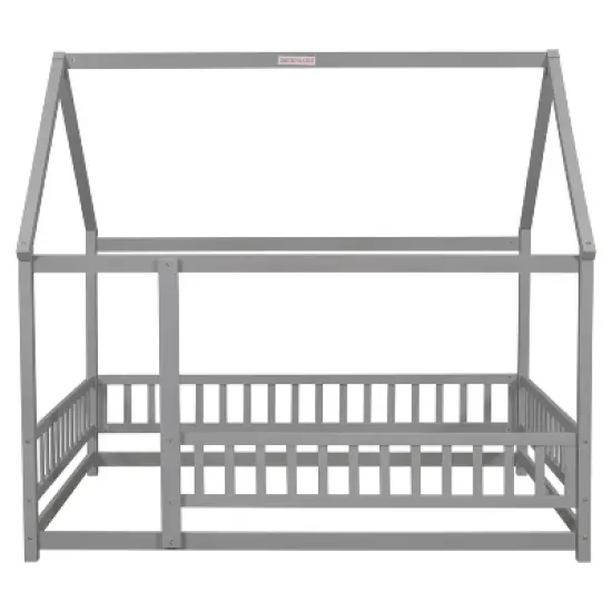 Okak Full Size Bed Frame with House-Style Roof & Fences,Modern Floor Bed for Toddlers/Kids Bedroom image {1}