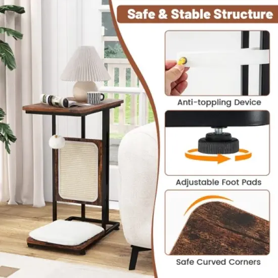 Tangkula Cat Tree & C- Shaped Cat Side Table w/ Scratching Board Hanging Toy Rustic Brown image {7}