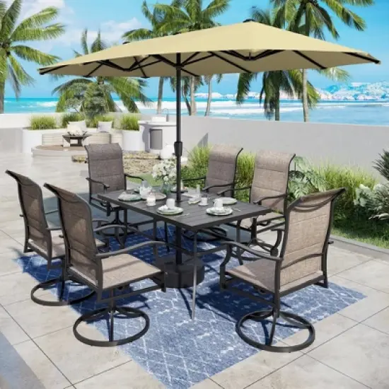 Captiva Desighttps 8pc Patio Dining Slat-top Rectangular Steel Table & Padded Sling Swivel Chairs & Market Umbrella image {15}
