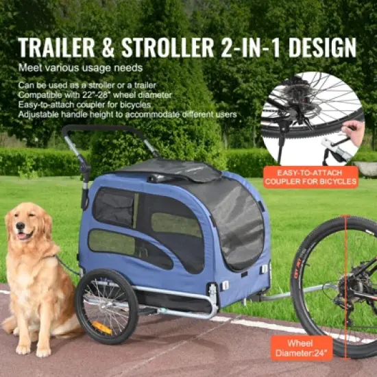 VEVOR Dog Bike Trailer, Supports up to 100 lbs, 2-in-1 Pet Stroller Cart Bicycle Carrier, Easy Folding Cart Frame with Quick Release Wheels image {2}