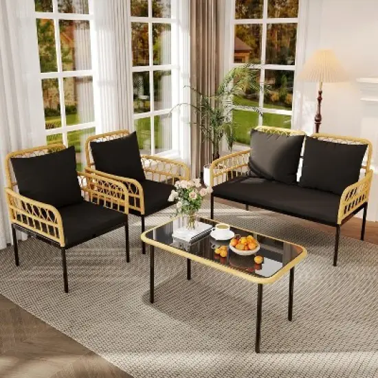 Acekool 4-Piece Outdoor Patio Set with Loveseat, Armchairs & Glass Coffee Table, Boho Rattan Conversation Set for Backyard, Porch, Balcony image {6}