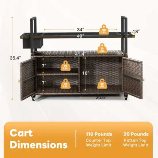 Buenhomino Patio Bar Table,Outdoor Kitchen Island with Glass Top,Rattan Patio Storage Cabinet with Wheels,Bar Cart for Poolside and Backyard image {3}