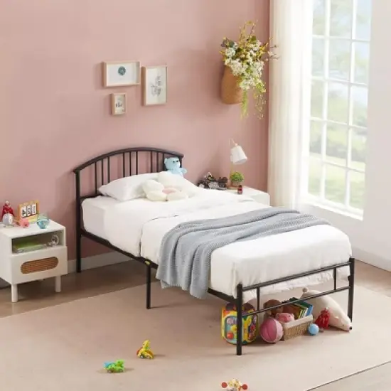 VECELO Queen/Full/Twin Bed Frame with Arched Headboard, Metal Platform Bed Frame with Underbed Storage Space, Black/White/Gold image {5}