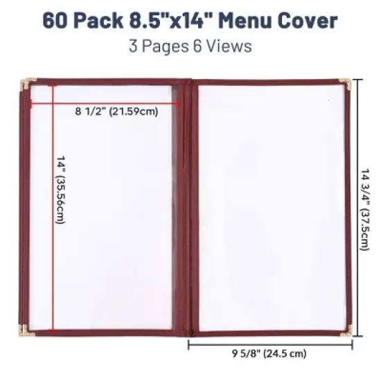 WeChef 60 Pack Restaurant Menu Covers 8.5 x 14" Book Style 3 Pages 6 View Burgundy Red image {7}