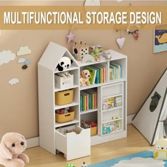 Coolmee 43.7 inch Kids Toy Storage Organizer and Bookshelf, Floor Storage Cabinet Toy Chest with Movable Drawers for Playroom, Bedroom, Classroom image {5}