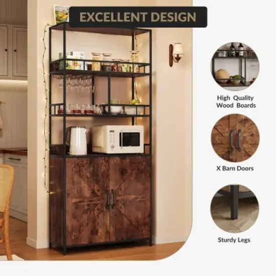 Bakers Rack with Storage, Farmhouse Freestanding Small Kitchen Pantry Hutch Tall Door Thickened Counter, Coffee Bar Storage Shelves image {4}