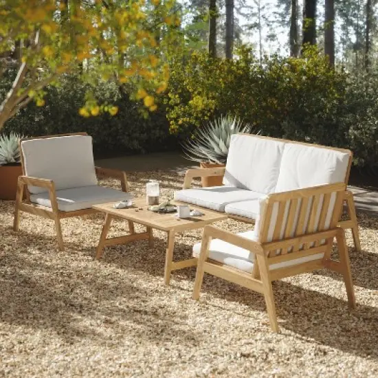 LuxenHome Outdoor Acacia Wood Coffee Table and Loveseat with Cushions image {5}