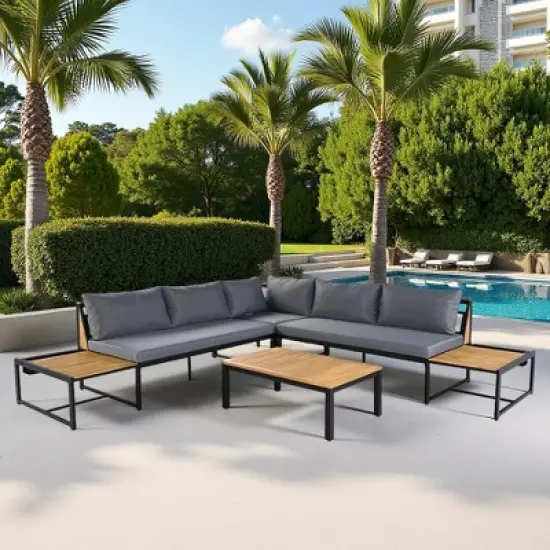 4-Piece Outdoor Patio Iron Sectional Sofa Set with Coffee Table and Side Storage Shelf image {17}