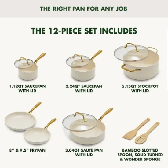 GreenPan Studio 12pc Aluminum Ceramic Nonstick Cookware Set Linen: Lifetime Warranty, Dishwasher-Safe, Non-Induction image {3}