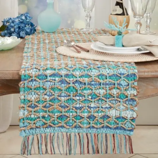 Saro Lifestyle Handwoven Net Chindi Table Runner, Blue, 16"x72" image {2}