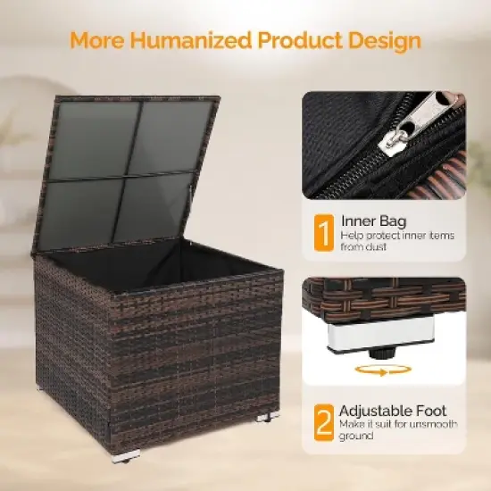 VINGLI 88 Gallon Outdoor Rattan Deck Box With Adjustable Feet, Patio Wicker Storage Box for Garden, Balcony, Porch, Pool, Yard (Brown) image {3}