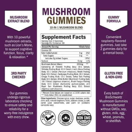 Mushroom Gummies for Adults, 10in1 Mushroom Supplement for Mood and Focus with Lions Mane, Turkey Tail, & More, Raspberry Flavor, Bioschwartz, 60ct image {2}
