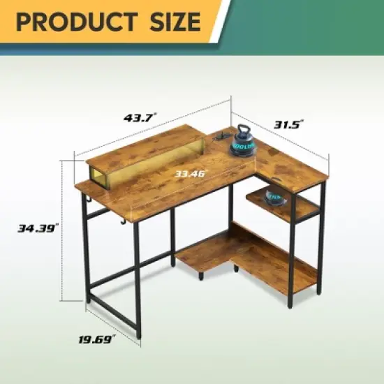 GALAXHERO 43-Inch Small L-Shaped Gaming Desk, Corner Computer Desk with Power Outlets, LED Lights & Monitor Stand, Office Desk for Bedroom image {2}