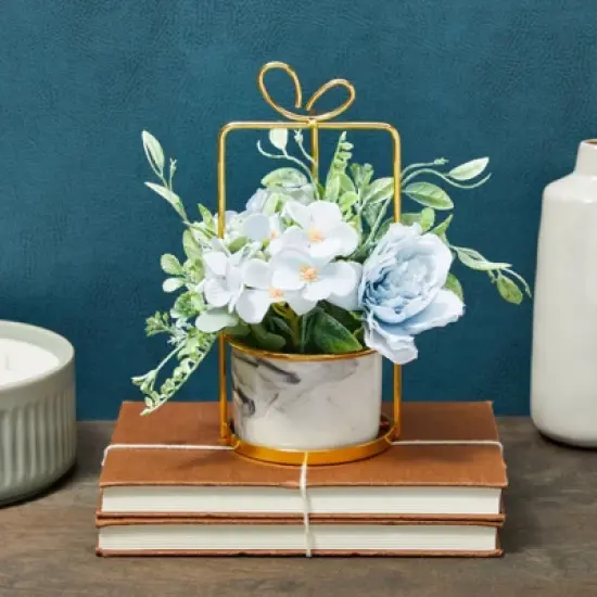 Juvale Artificial Hydrangea Ceramic Planter with Stand, Faux Potted Plants image {1}