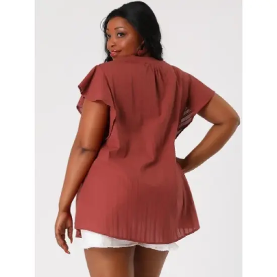 Agnes Orinda Women's Plus Size Flutter Sleeve Drawstring Flowy Summer Split V Neck Tunic Top image {4}